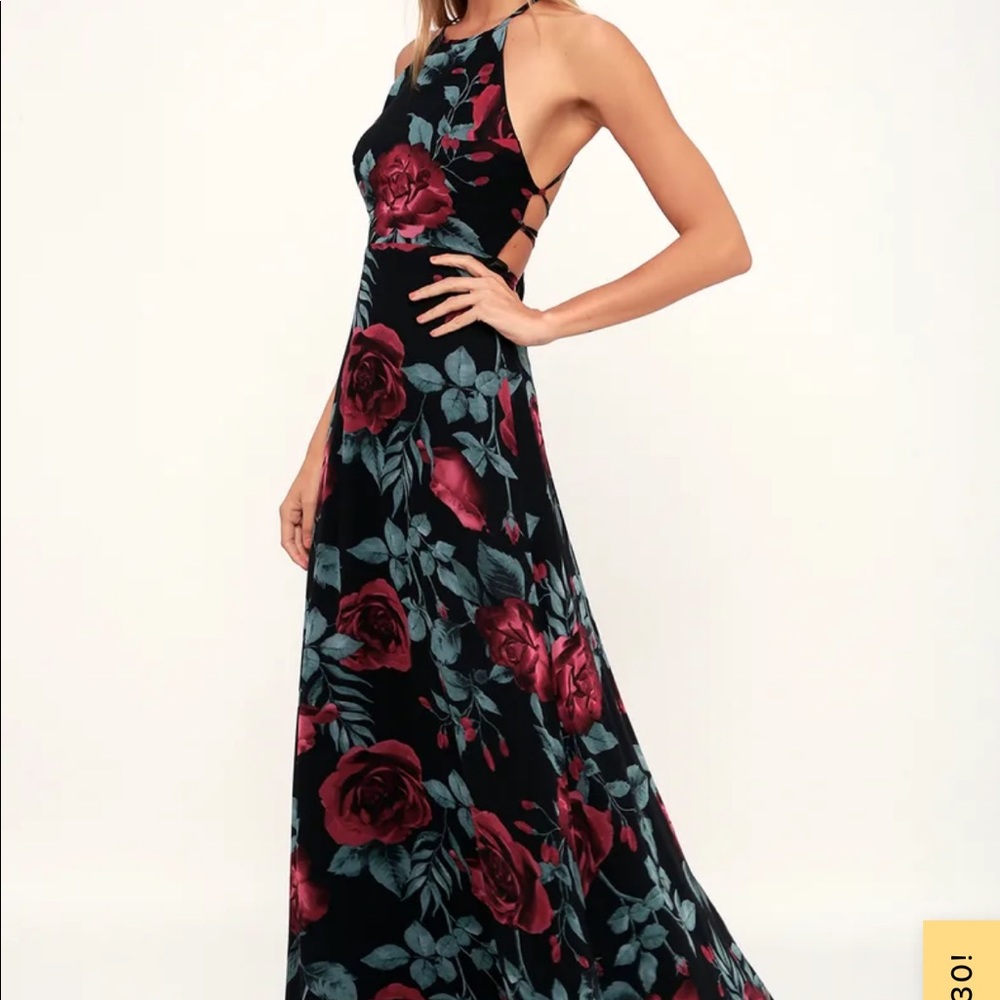 Lulus black rose print maxi dress
